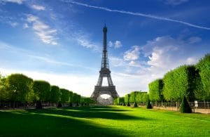 Eiffel Tower on parisian Champs de Mars in the morning, France