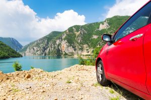 Electric car parked in the mountains