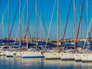 Boats parked at harbour