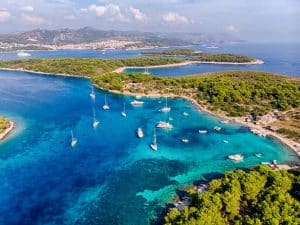 View of the islands close to Hvar with boats at the water