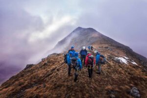 Group of climbers on rugged mountain