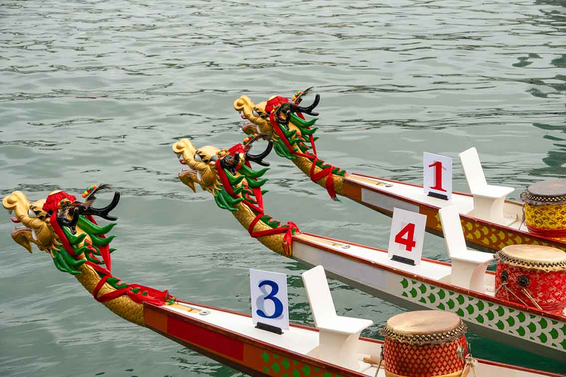 Front of dragon boats ready for racing