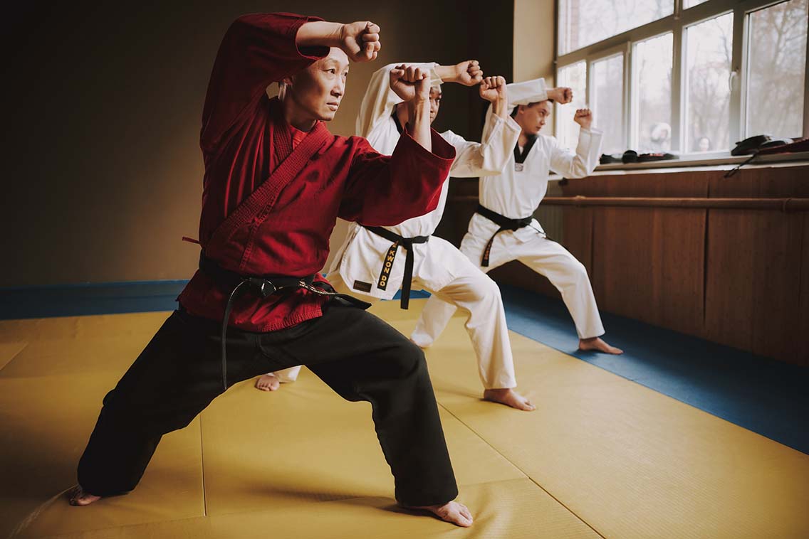 Martial arts teacher leading class