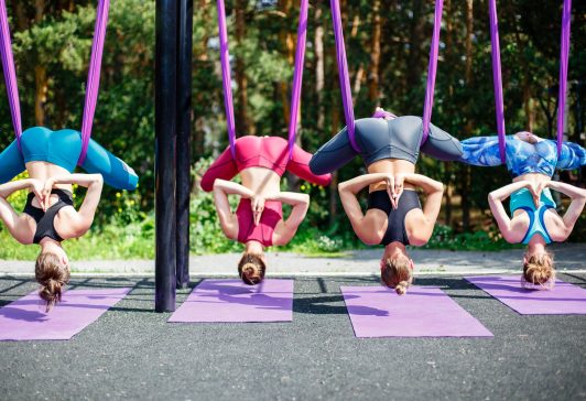 Exercise in the open air. Aerial yoga. Exercise in the open air. Aerial yoga